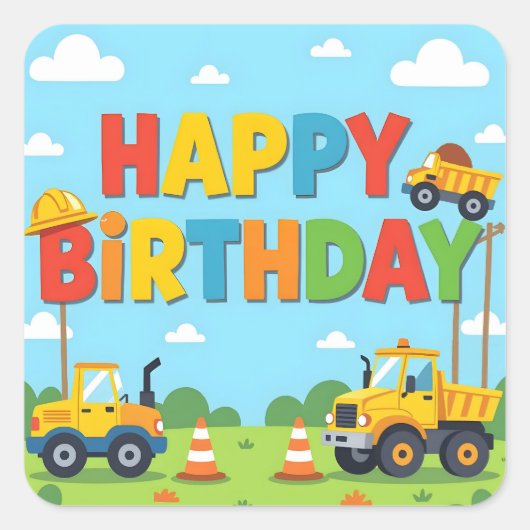 Happy birthday construction builder theme vierkante sticker (Voorkant)