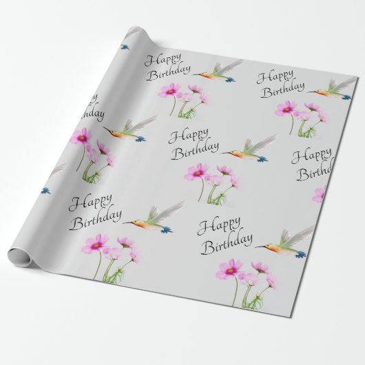 Happy Birthday Cosmos en Hummingbird Cadeaupapier (Uitgerold)