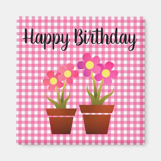 Happy Birthday Country Pink Gingham Floral Magnet (Voorkant)