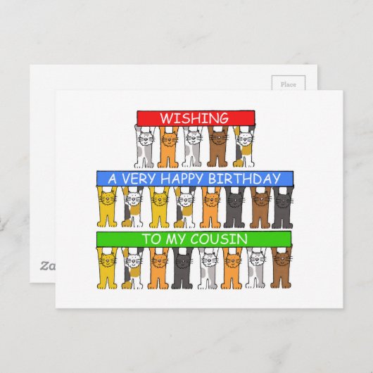 Happy Birthday Cousin Cartoon Cats Briefkaart (Voorkant / Achterkant)