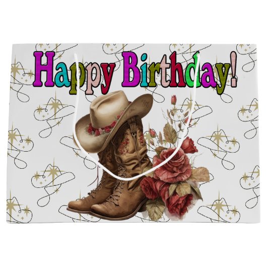Happy Birthday Cowgirl Groot Cadeauzakje (Voorkant)