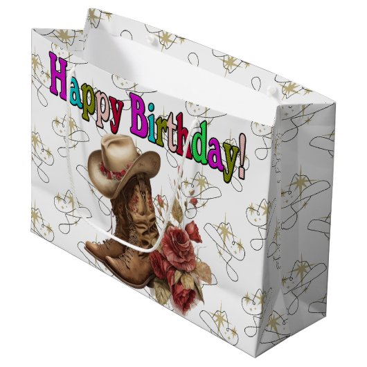 Happy Birthday Cowgirl Groot Cadeauzakje (Voorkant Gekanteld)