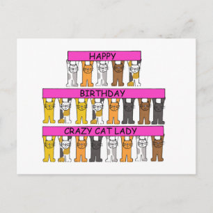 Happy Birthday Crazy Cat Lady, Cartoon Cats. Briefkaart