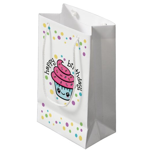 Happy Birthday Cupcake cadeau tas Klein Cadeauzakje (Voorkant Gekanteld)