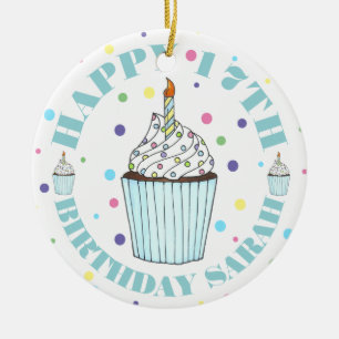 Happy Birthday Cupcake Candle Pastel Polka Dots Keramisch Ornament