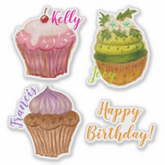 Happy Birthday Cupcake Custom-Cut Vinyl Sticker (Voorkant)
