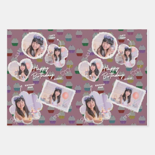 Happy Birthday Cupcake Fotocollage Inpakpapier Vel (Voorkant)