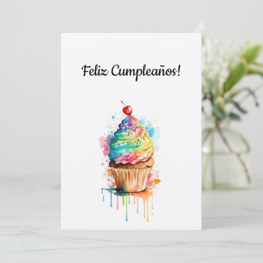 Happy Birthday Cupcake Kaart in het Spaans (Staand voorkant)