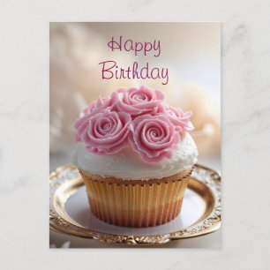 Happy Birthday Cupcake met Roze Crème Rozen Briefkaart