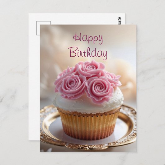 Happy Birthday Cupcake met Roze Crème Rozen Briefkaart (Voorkant / Achterkant)