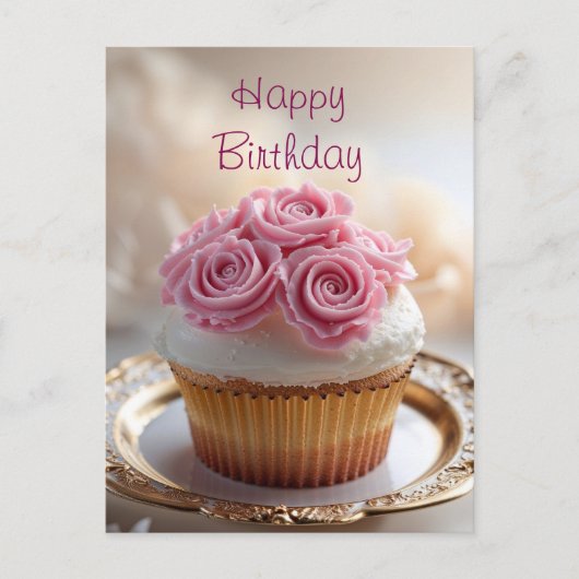 Happy Birthday Cupcake met Roze Crème Rozen Briefkaart (Voorkant)