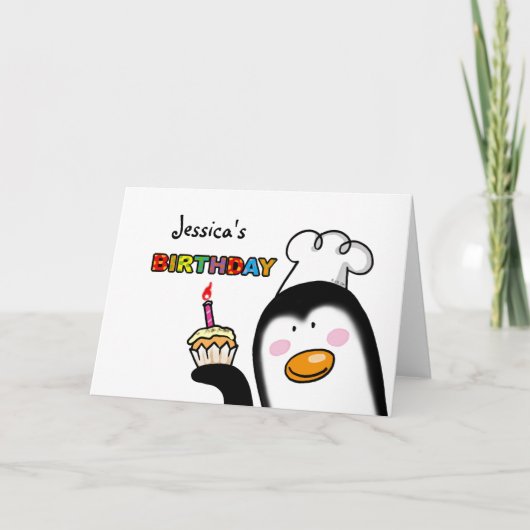 Happy Birthday cupcake pinguïn chef-kok Kaart (Voorkant)