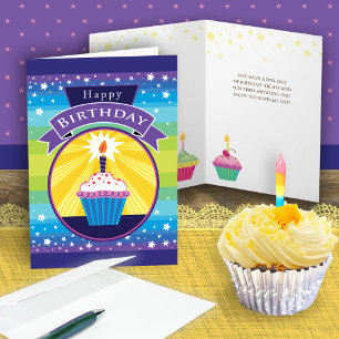 Happy Birthday Cupcake Stars Paars Blue Kaart