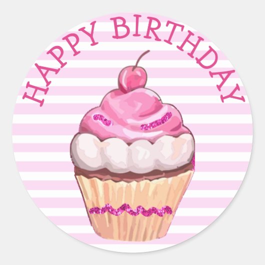 Happy Birthday Cupcake Stickers roze en wit (Voorkant)