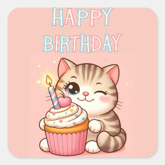 Happy Birthday Cupcake Vierkante Sticker (Voorkant)