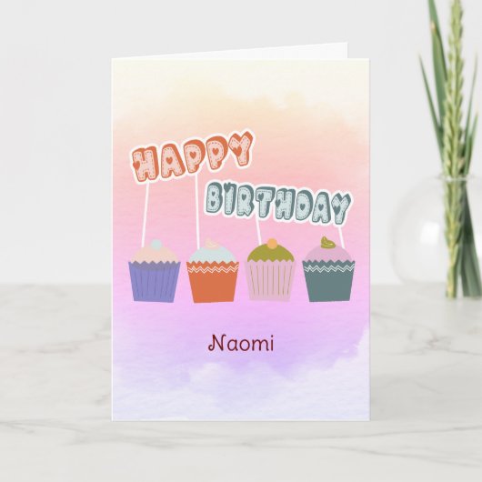 Happy Birthday Cupcakes op Waterverf Roze Custom Kaart (Voorkant)