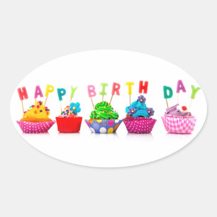 Happy Birthday Cupcakes Ovale Sticker
