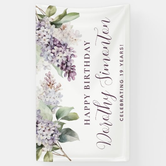 Happy Birthday Custom Banner Paarse Bloemen 19e (Verticaal)
