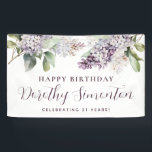 Happy Birthday Custom Banner Paarse Bloemen 21st<br><div class="desc">Zachte waterverf paarse lilacs creëer een lente 21e verjaardag welkom banner. De kalligrafie voegt een elegante touch toe. Alle tekst kan eenvoudig worden bewerkt. Dit artikel maakt deel uit van het Paarse lente Lila Bloem collectie. Het laat u een thema kiezen en dan gemakkelijk creëer een unieke uitnodigingsreeks, welkomsttekens en...</div>