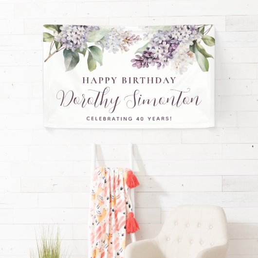 Happy Birthday Custom Banner Paarse Bloemen 40e (Insitu)