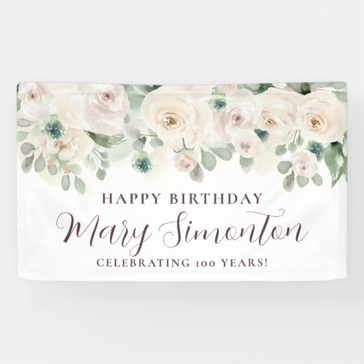 Happy Birthday Custom Banner Witte Bloemen 100e (Horizontaal)
