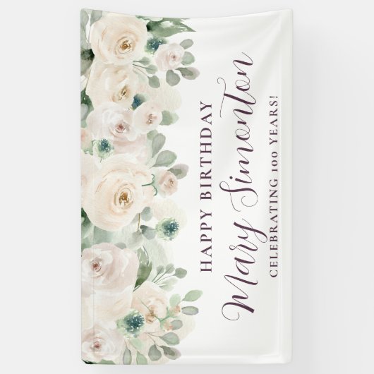 Happy Birthday Custom Banner Witte Bloemen 100e (Verticaal)