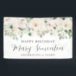 Happy Birthday Custom Banner Witte Bloemen 21st<br><div class="desc">Mooie rozen creëer een prachtige 21e verjaardagsfeest welkomstbanner. Een prachtig arrangement van ivoren witte rozen samen met diverse wijnstokken en bladeren maken het een zeer modern bloemontwerp.</div>