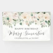 Happy Birthday Custom Banner Witte Bloemen 40e (Horizontaal)