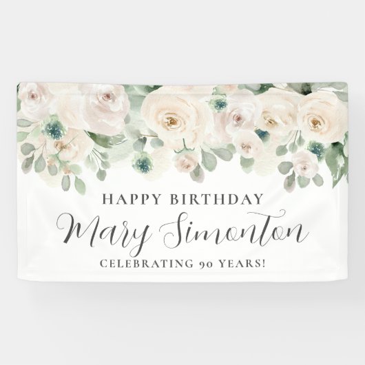 Happy Birthday Custom Banner Witte Bloemen 90ste (Horizontaal)