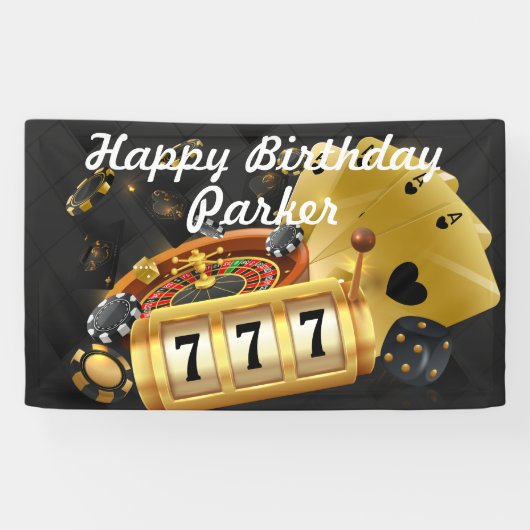 Happy Birthday Custom Casino Party Zwart Goud Spandoek (Horizontaal)