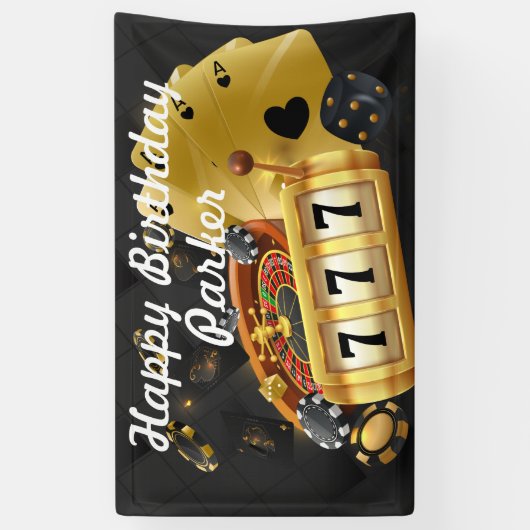 Happy Birthday Custom Casino Party Zwart Goud Spandoek (Verticaal)