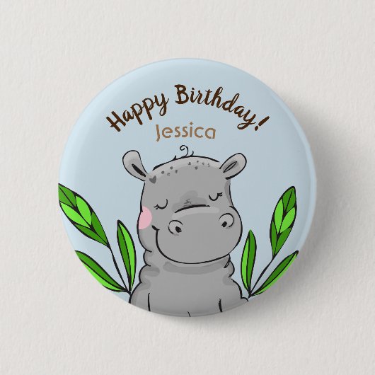 Happy Birthday Custom Cute Hippo Ronde Button 5,7 Cm (Voorkant)