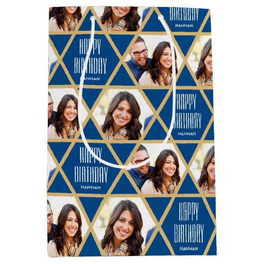 Happy Birthday Custom Foto Naam Star Patroon Blauw Medium Cadeauzakje (Voorkant)