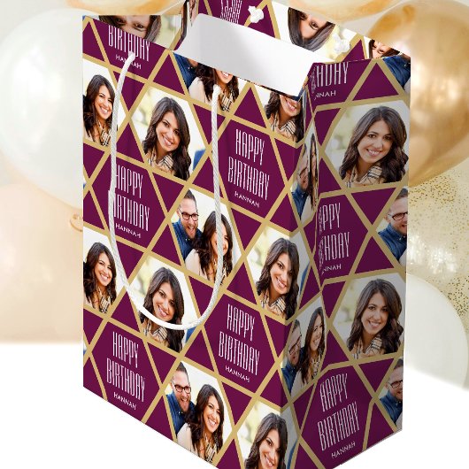 Happy Birthday Custom Foto Naam Star Patroon Plum Medium Cadeauzakje