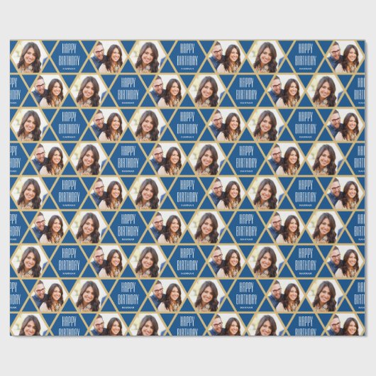 Happy Birthday Custom Foto Star Patroon Blauw Cadeaupapier (Vlak)