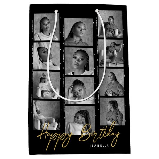 Happy Birthday Custom Fotofilm Strip Zwart Medium Cadeauzakje (Voorkant)