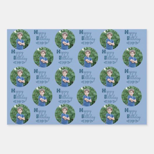 Happy Birthday Custom Fotoset van 3 Blauw Geel Inpakpapier Vel (Voorkant)