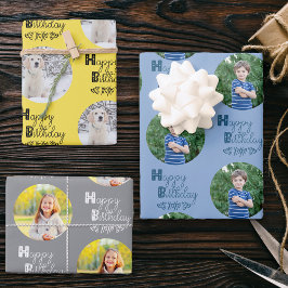 Happy Birthday Custom Fotoset van 3 Blauw Geel Inpakpapier Vel