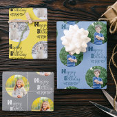 Happy Birthday Custom Fotoset van 3 Blauw Geel Inpakpapier Vel