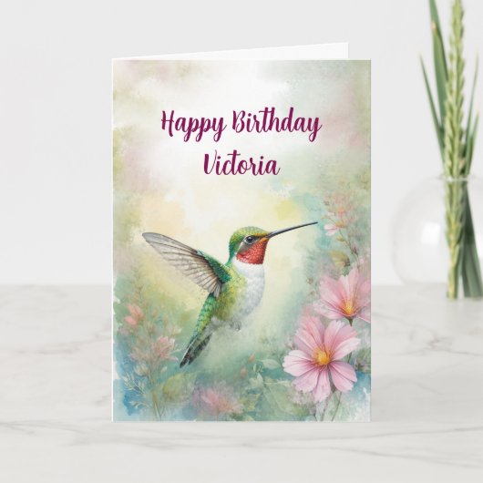 Happy Birthday Custom Naam Hummingbird Bird Natuur Kaart (Voorkant)