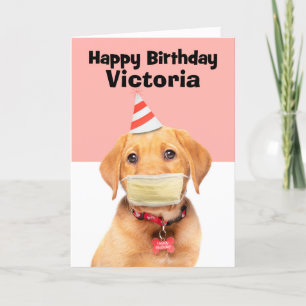Happy Birthday Custom Naam Puppy in Gezichtsmasker Feestdagen Kaart