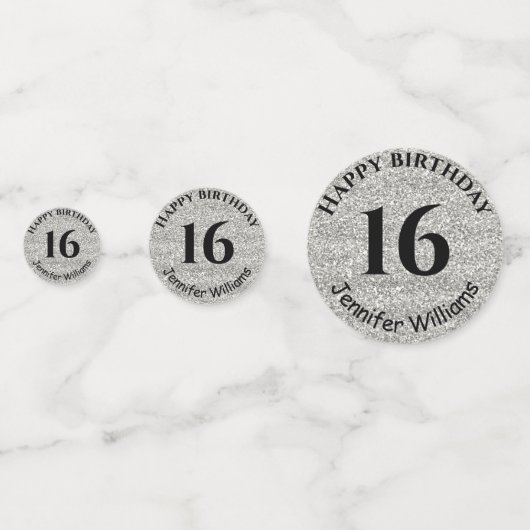 Happy Birthday Custom Name Age Year Silver Glitter Confetti (Achterkanten)