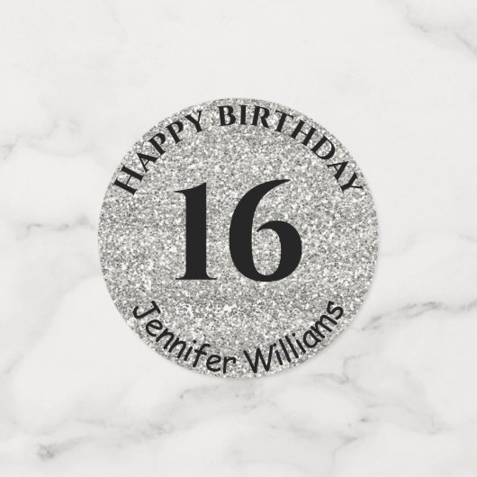 Happy Birthday Custom Name Age Year Silver Glitter Confetti (Kleine voorkant)