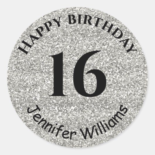 Happy Birthday Custom Name Age Year Silver Glitter Ronde Sticker (Voorkant)