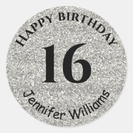 Happy Birthday Custom Name Age Year Silver Glitter Ronde Sticker
