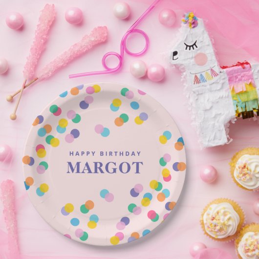 Happy Birthday Custom Name Confetti Blush Pink Papieren Bordje (Feest)