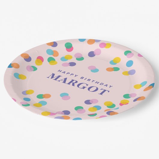 Happy Birthday Custom Name Confetti Blush Pink Papieren Bordje (Gekanteld)