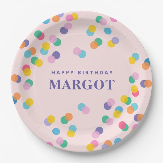 Happy Birthday Custom Name Confetti Blush Pink Papieren Bordje (Voorkant)