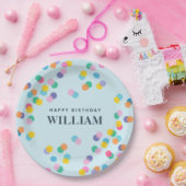 Happy Birthday Custom Name Confetti Pastel Blue Papieren Bordje (Feest)