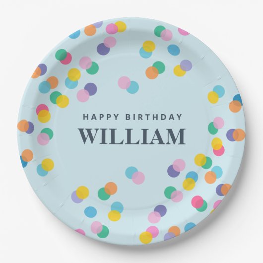 Happy Birthday Custom Name Confetti Pastel Blue Papieren Bordje (Voorkant)